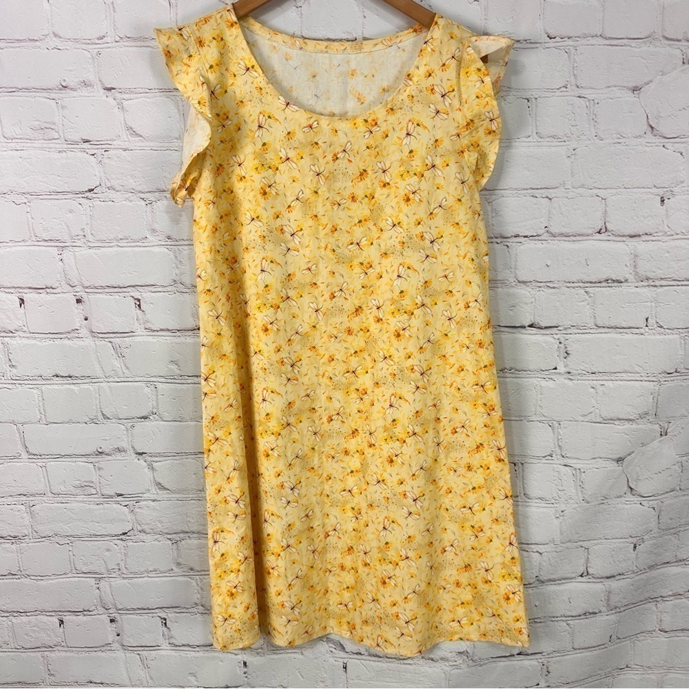 Vintage dragonfly handmade spring Easter dress Yellow Flutter Sleeves A Line